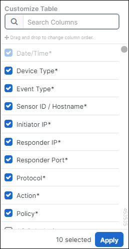 Screen capture of Customize Table pane