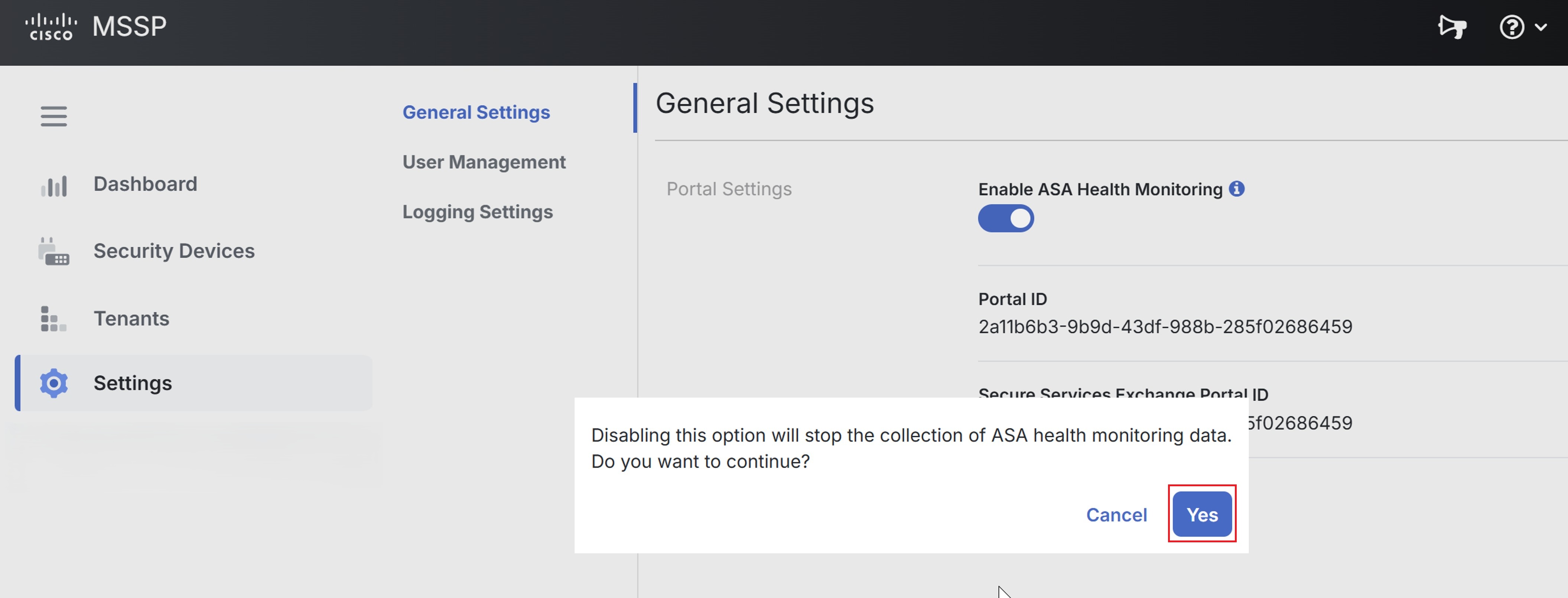Screenshot showing the Disable ASA Health Monitoring toggle in Portal Settings