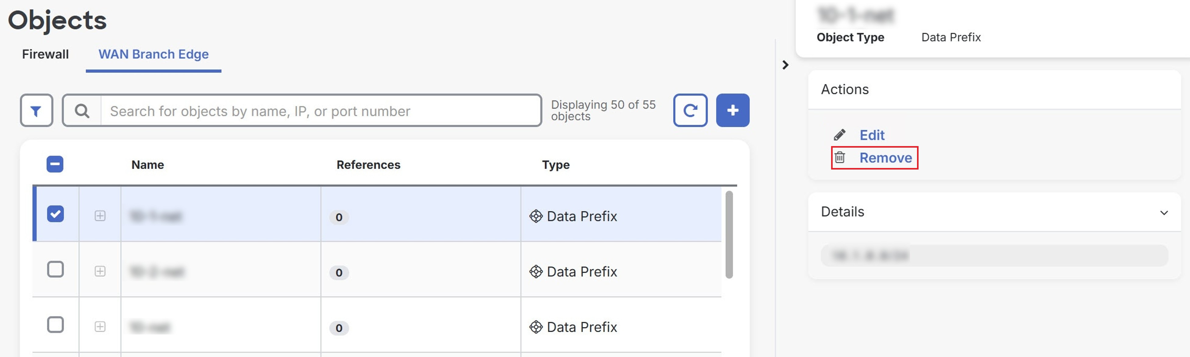 Screenshot of the Objects page showing the Remove option in the window on the right.