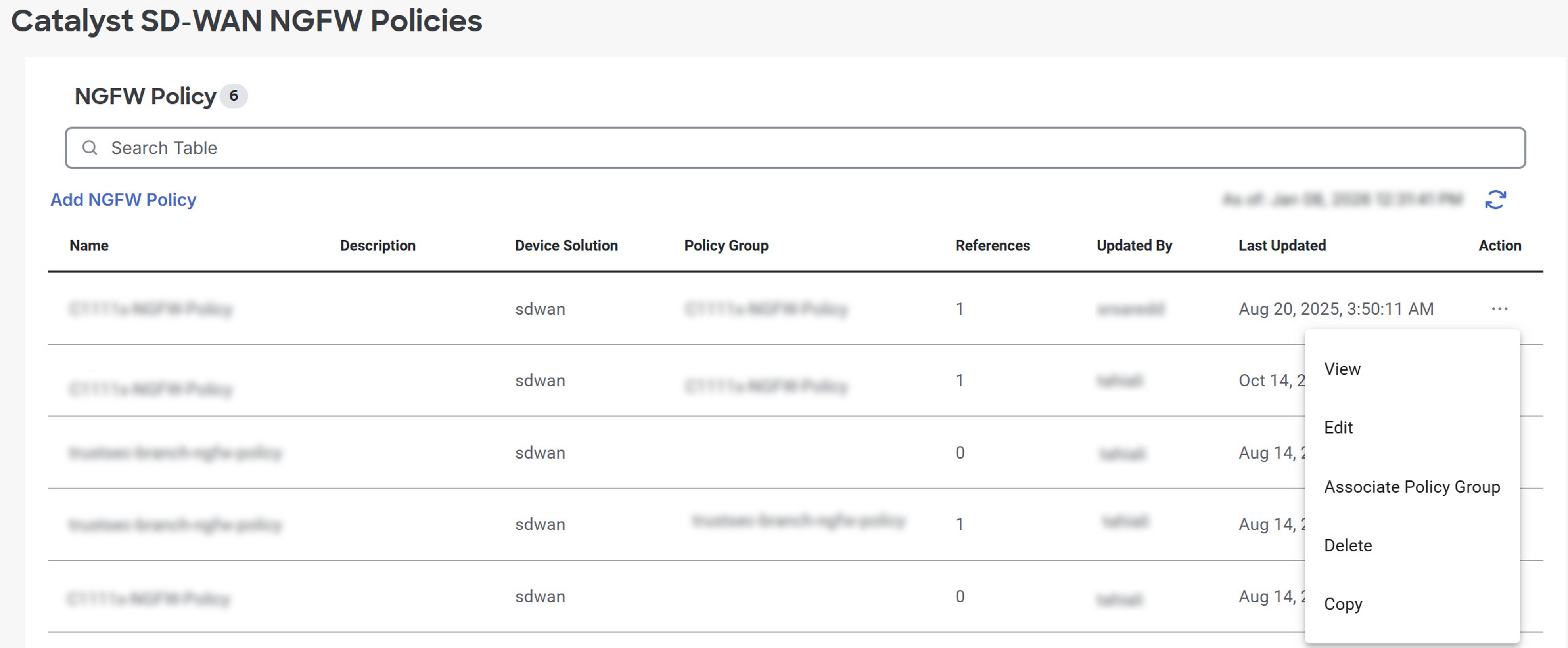 Screenshot of the NGFW Policy page showing the options under the Actions column.