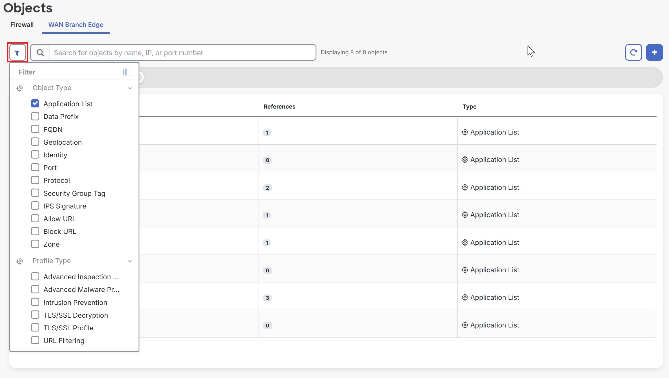 Screenshot of the objects page showing the filter.