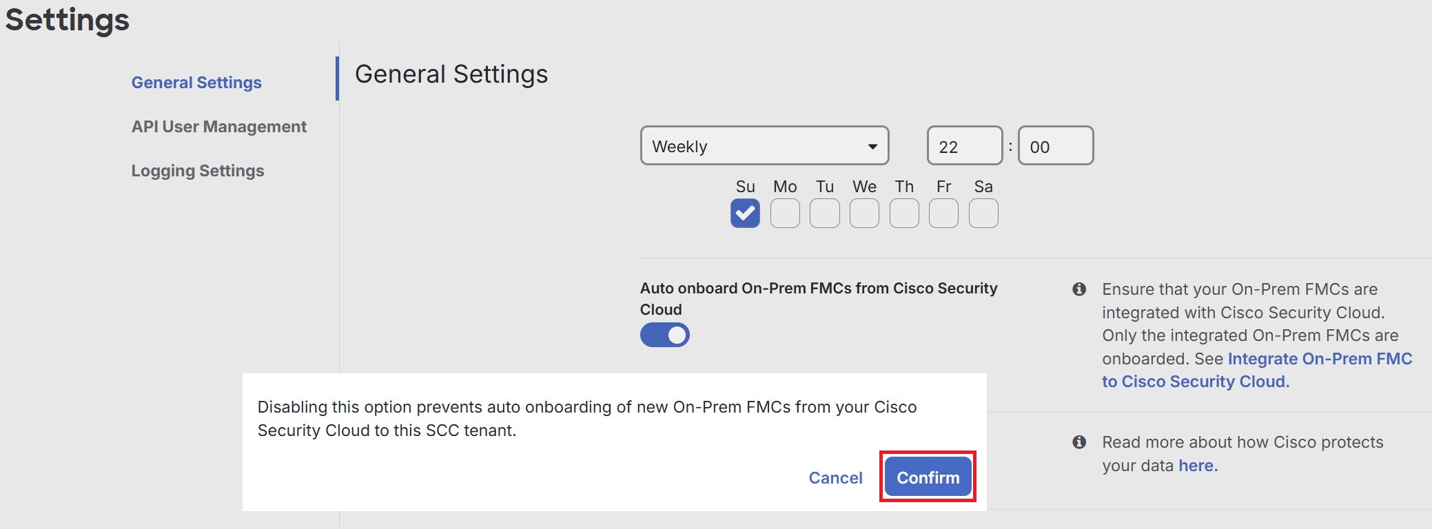 Confirmation dialog for disabling auto onboarding of On-Prem FMCs in the General Settings menu.
