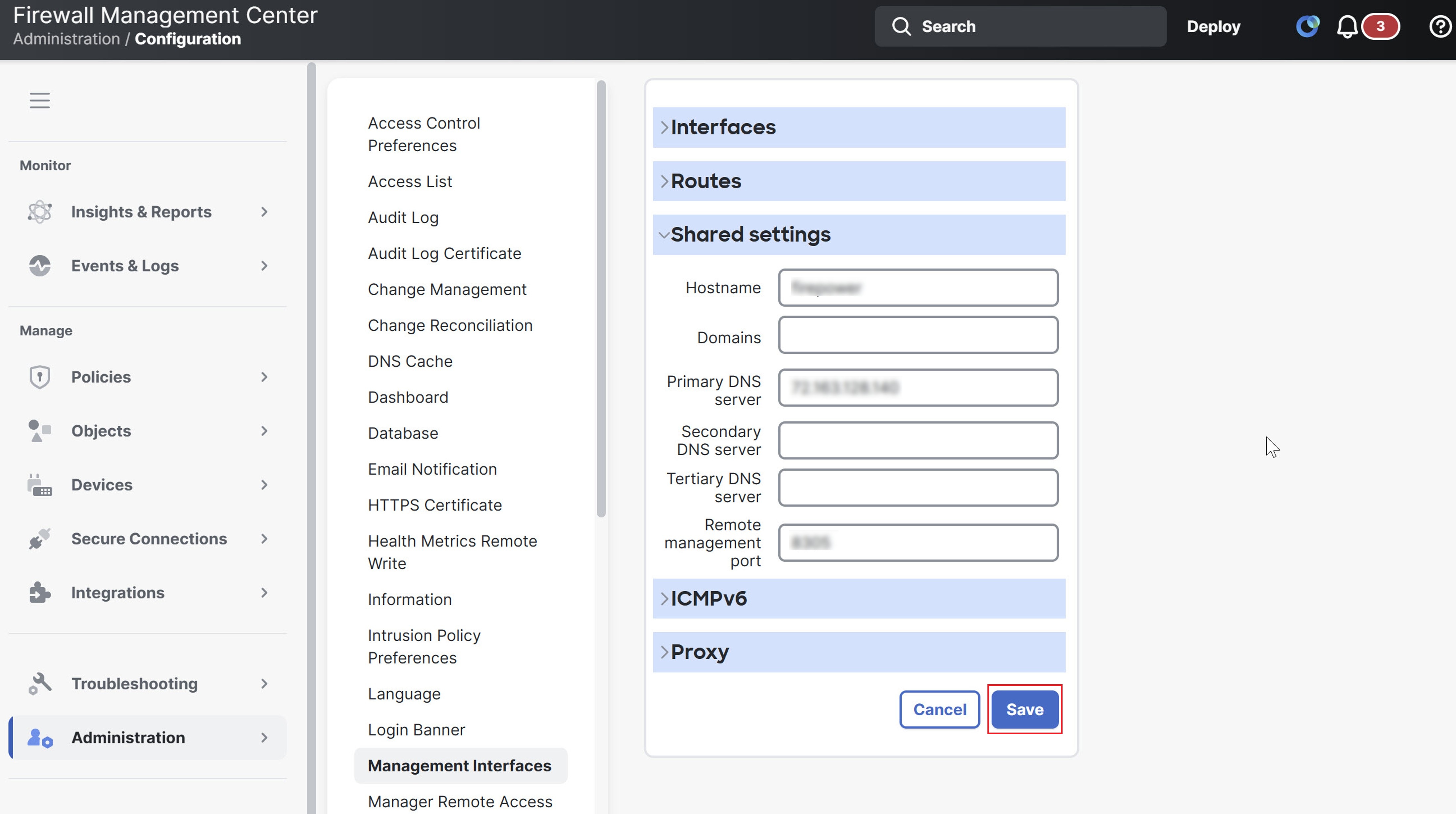 Cisco Firewall Management Center interface showing the Management Interfaces configuration page and shared settings.