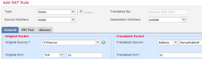 Static NAT rule for FTP server.
