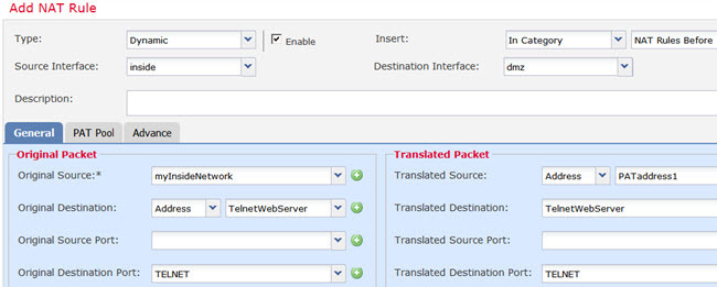 Dynamic NAT Telnet rule.