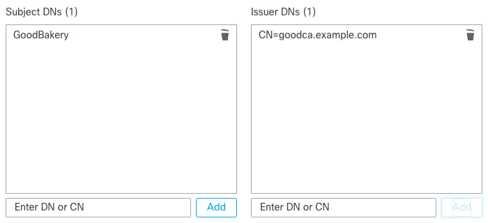 This sample rule condition adds the GoodBakery Distinguished Name to the Subject DNs list and its corresponding Common Name to the Issue DNs list. This has the effect of matching traffic on either the subject or the issuer, although it's more common to match on the subject only.