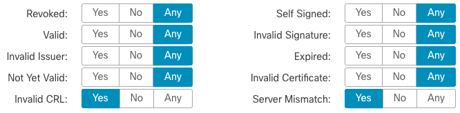 Example of an SSL policy rule matching the server SNI name or invalid CRL