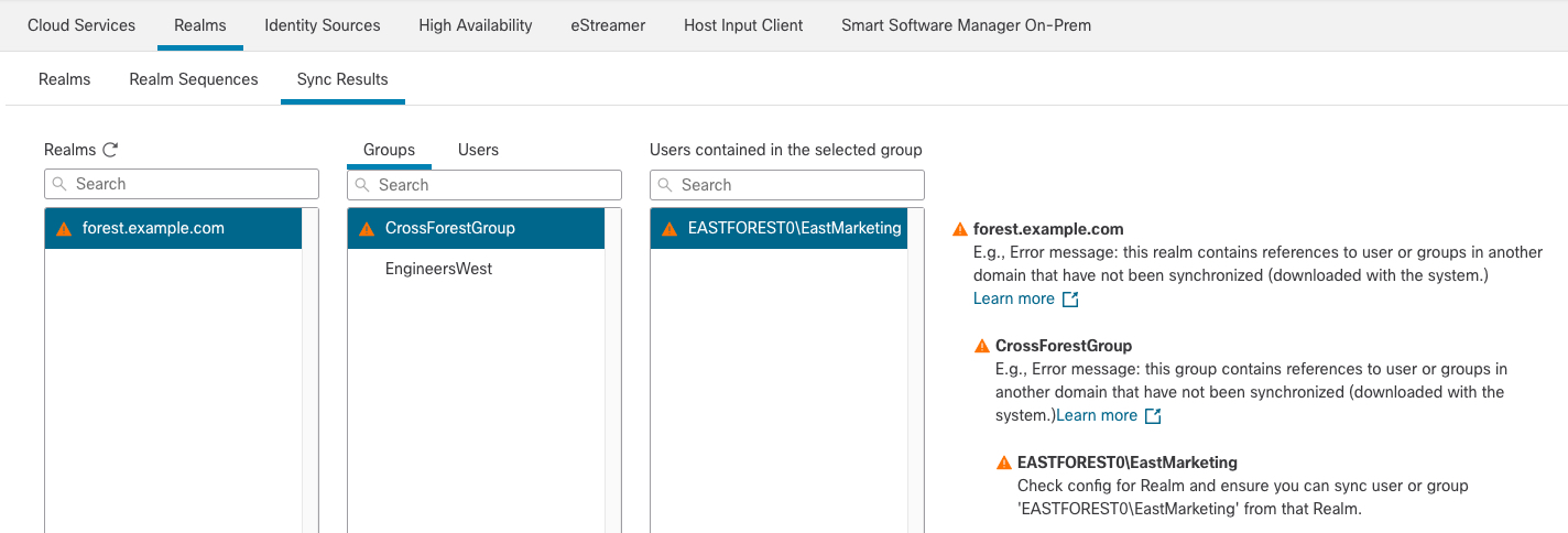 You can troubleshoot user download errors when users are stored in different Active Directory repositories. Read the columns left to right. Click the triangular icon to get more information.