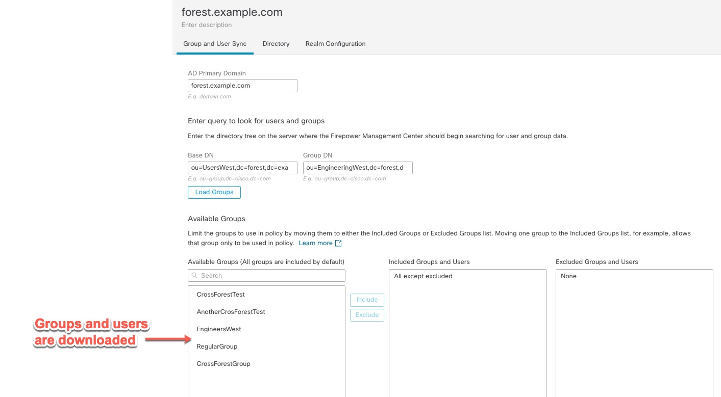 If you configured the realm and directory correctly, you'll see a list of users and groups.