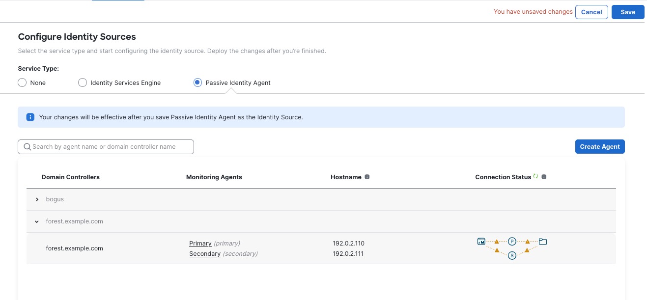 In this example, there is a primary and secondar passive identity agent monitoring the domain forest.example.com.