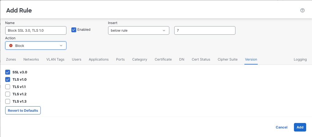 This sample rule blocks traffic with either the SSL 3.0 or TLS 1.0 protocols.