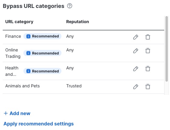 Example of using our recommended list of URL categories to not decrypt: finance, online trading, and health and medicine.