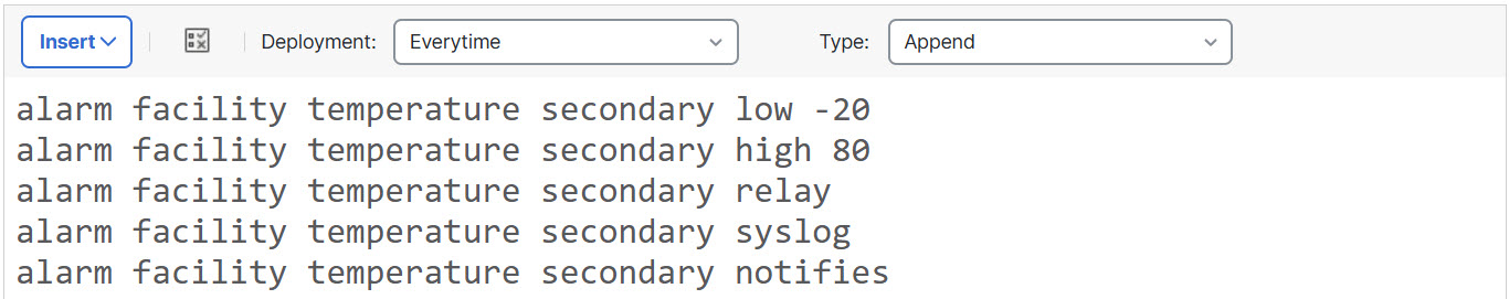 FlexConfig object for configuring temperature alarms on ISA 3000 devices.