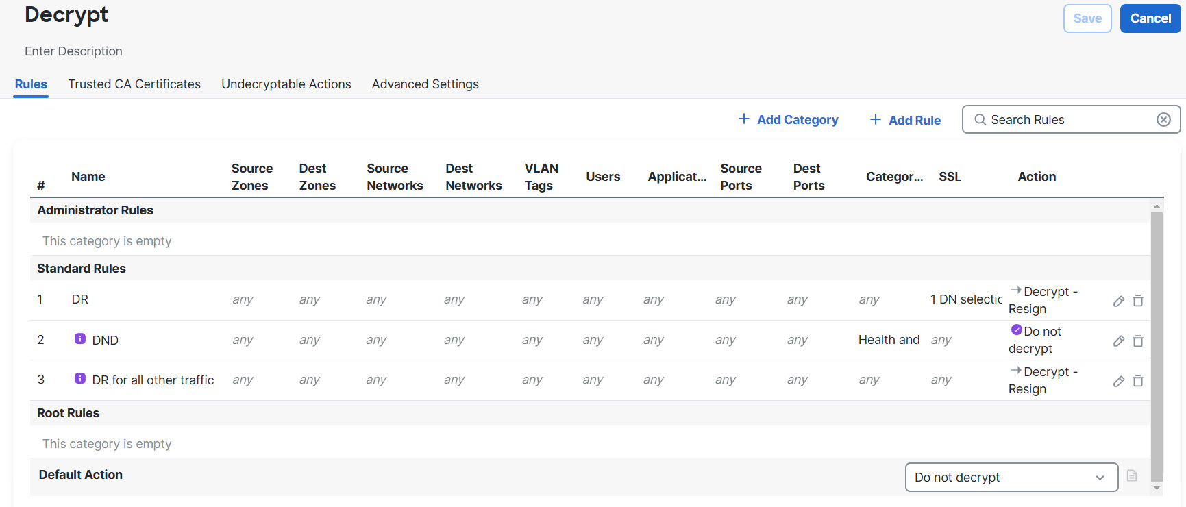 Sample decryption policy that exempts websites in the Health and Medicine categories