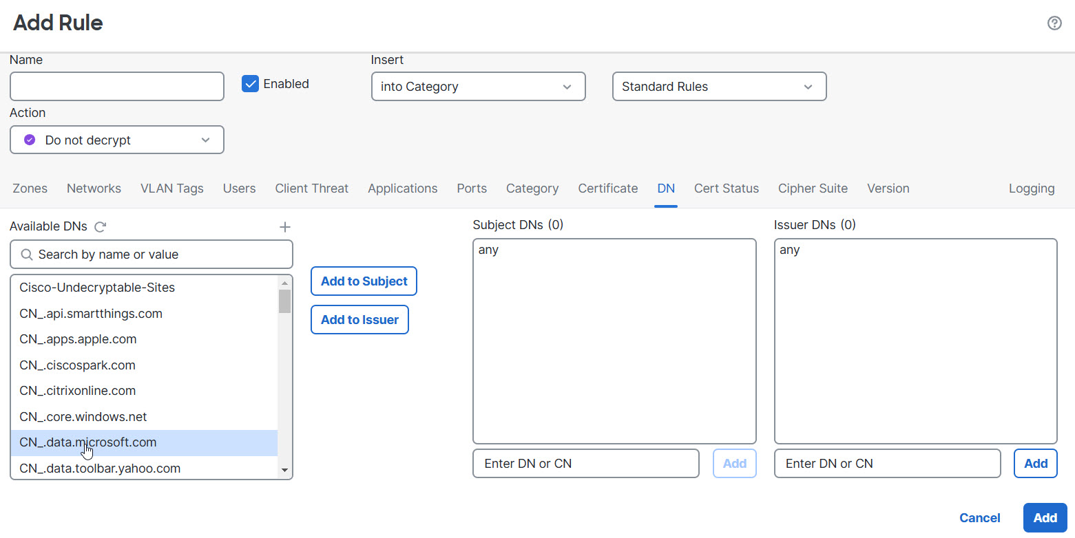 You can add an existing DN object, typically by its Common Name, by selecting it from the Available DNs field and then clicking either Add to Subject (the most common option) or Add to Issuer