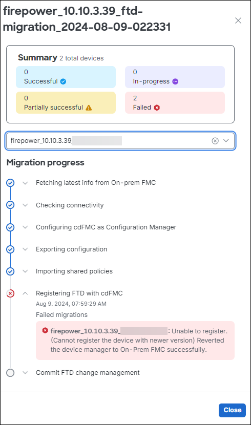 Migration summary showing 2 failed devices and migration progress with a registration error at the FMC step.