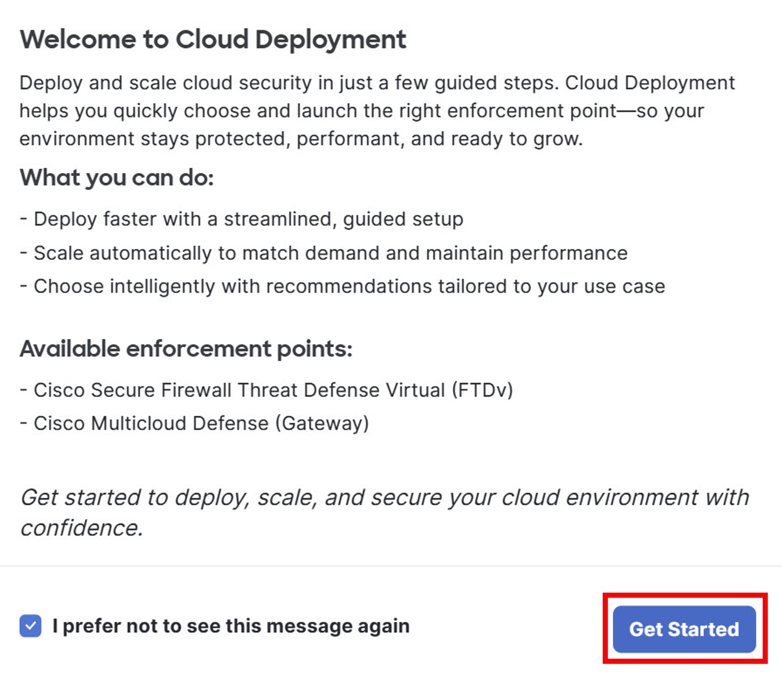 Dialog box for the deployment wizard showing the Get Started button.